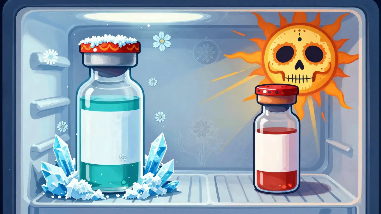 Illustration of insulin vials stored safely in fridge vs heat, featuring Day of the Dead art style.