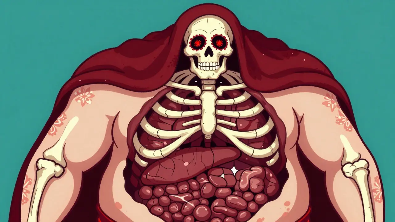 Illustration of visceral fat skeleton wrapping around organs, highlighting inflammation