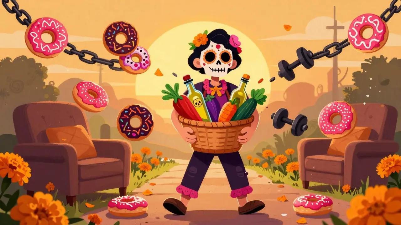 Person breaking chains with healthy food and exercise tools in Day of the Dead style