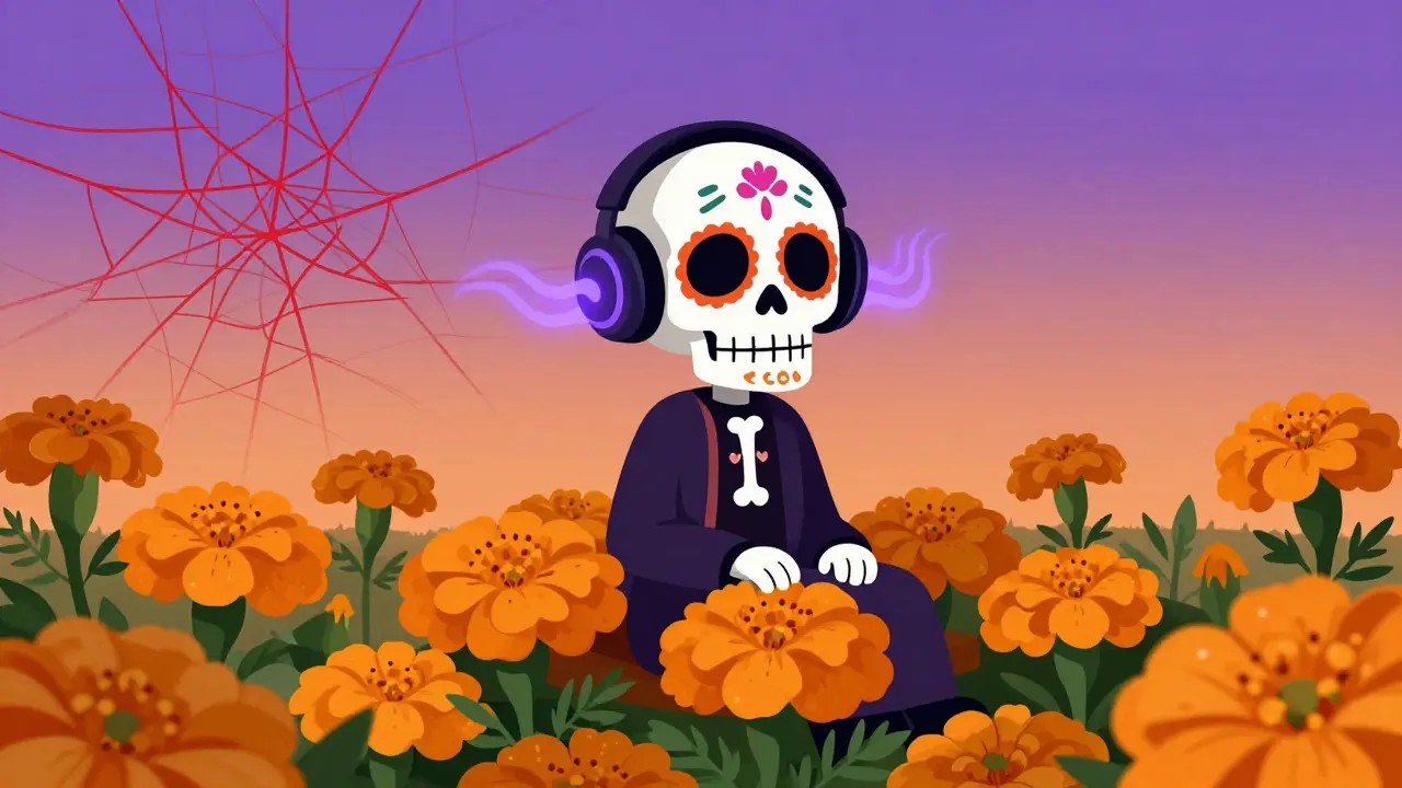 Serene sugar skull with headphones amidst marigolds, showing faded neural connections