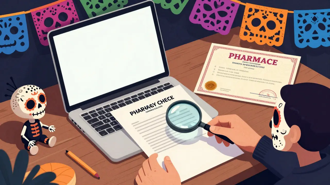 Skeletal figures inspecting pharmacy licenses and documents on a desk