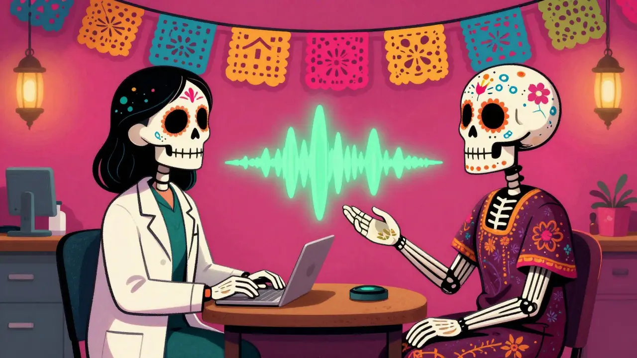 Skeleton audiologist counseling a sugar skull patient with gentle green sound waves