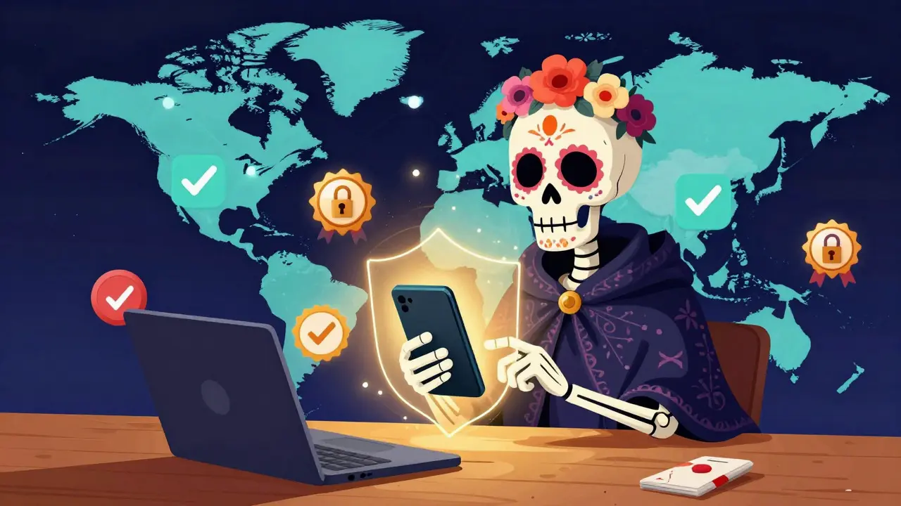 Skeleton checking secure phone for online pharmacy safety