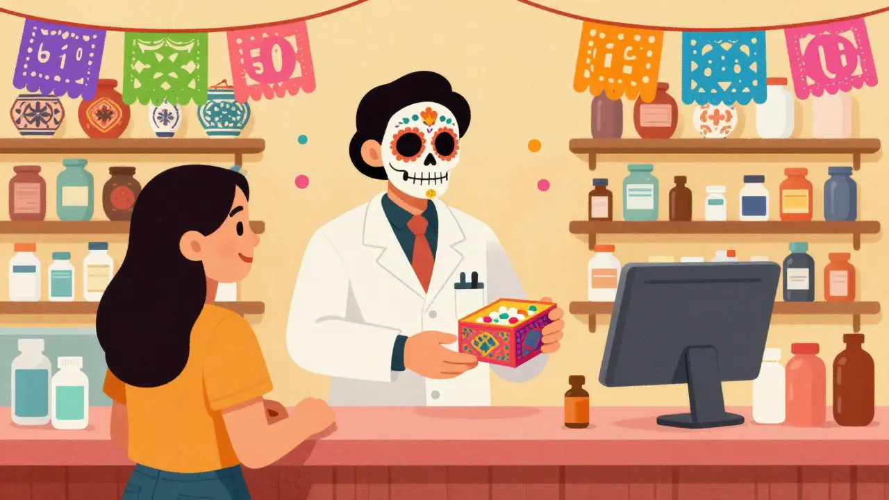 Stylized cartoon of a pharmacist handing medication to a customer with festive decorations