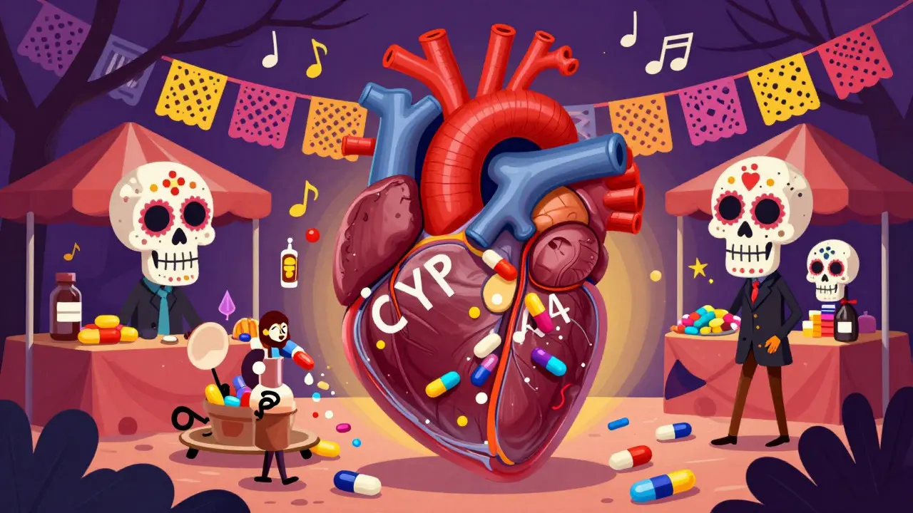 Sugar skull enzymes breaking down pills in a stylized liver market