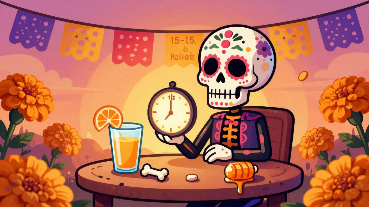 Sugar skull figure waiting with fast-acting carbs, illustrating the 15-15 rule for low blood sugar.