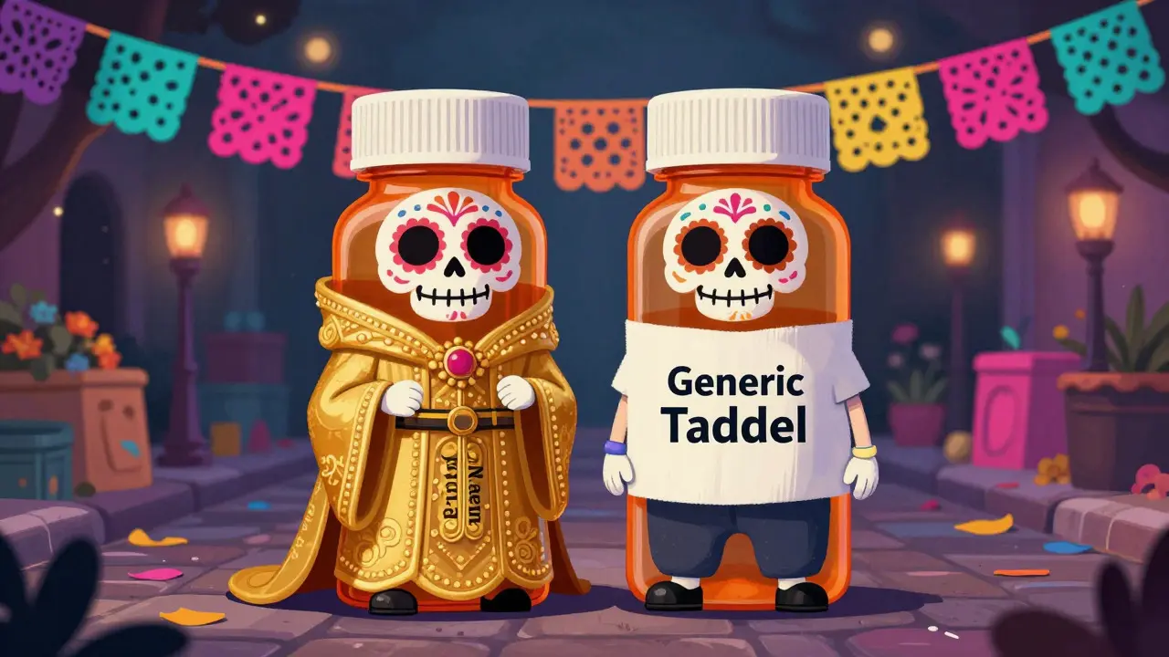 Two cartoon pill bottles, one fancy and one simple, standing together to show equivalence.