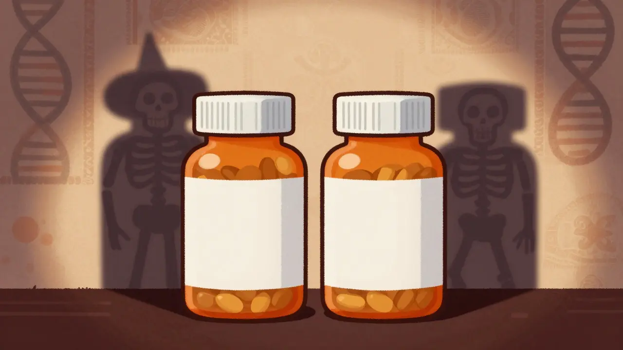 Two pill bottles casting different skeletal shadows symbolizing switch risks