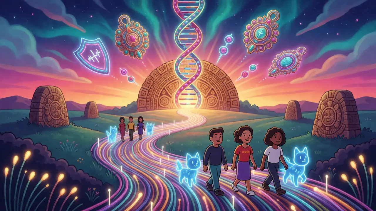 Futuristic path with DNA and Aztec symbols, illustrating personalized medicine future.