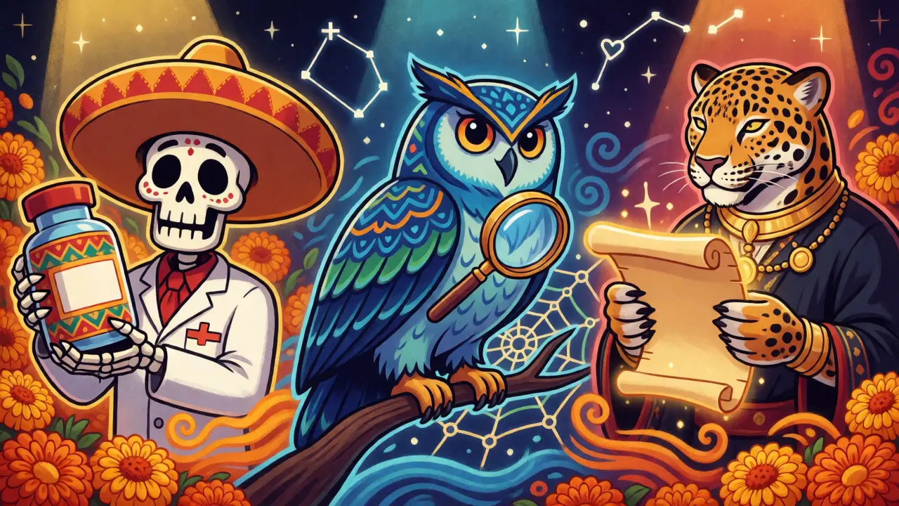 Three spirit guides: skeleton, owl, and jaguar representing medication app features.